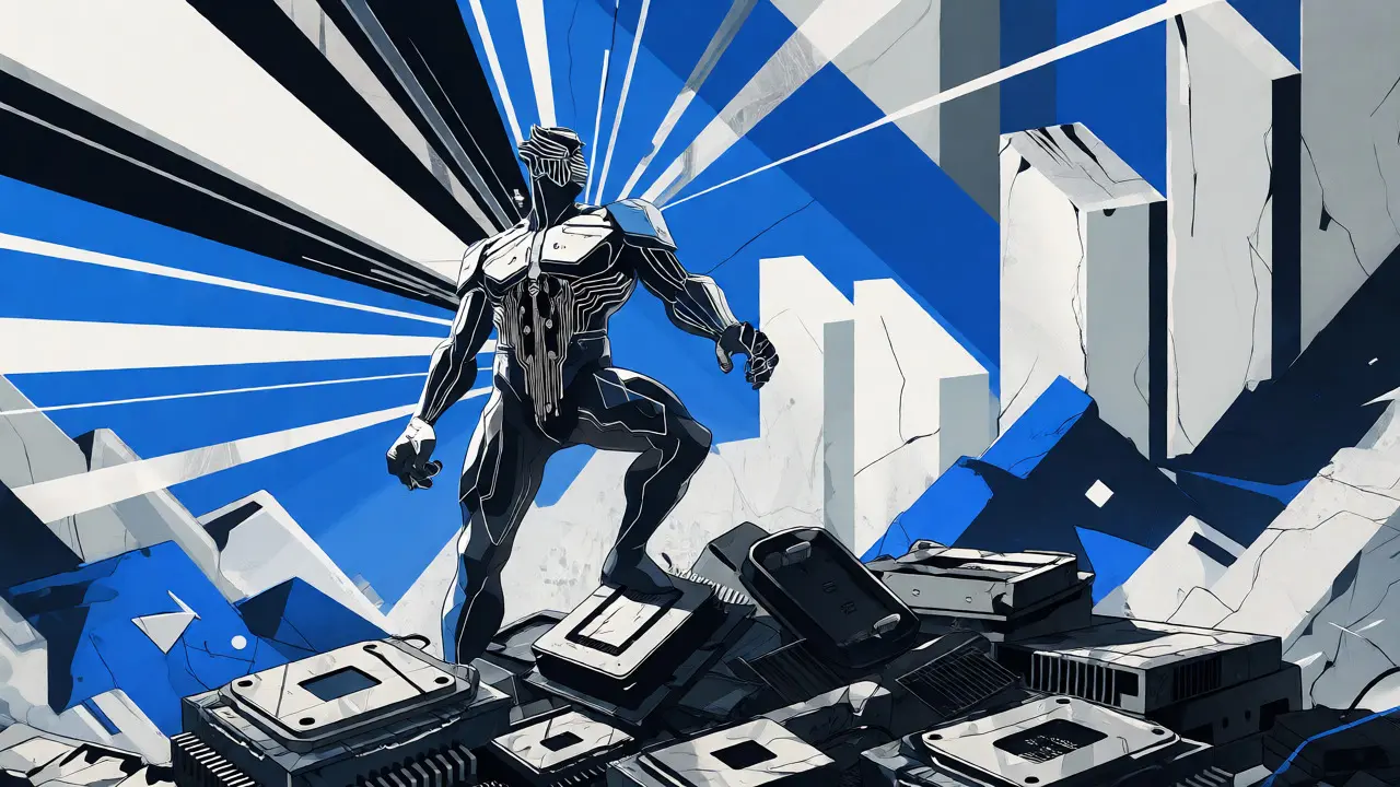 Heroic ASIC miner standing over obsolete computer parts in constructivist style