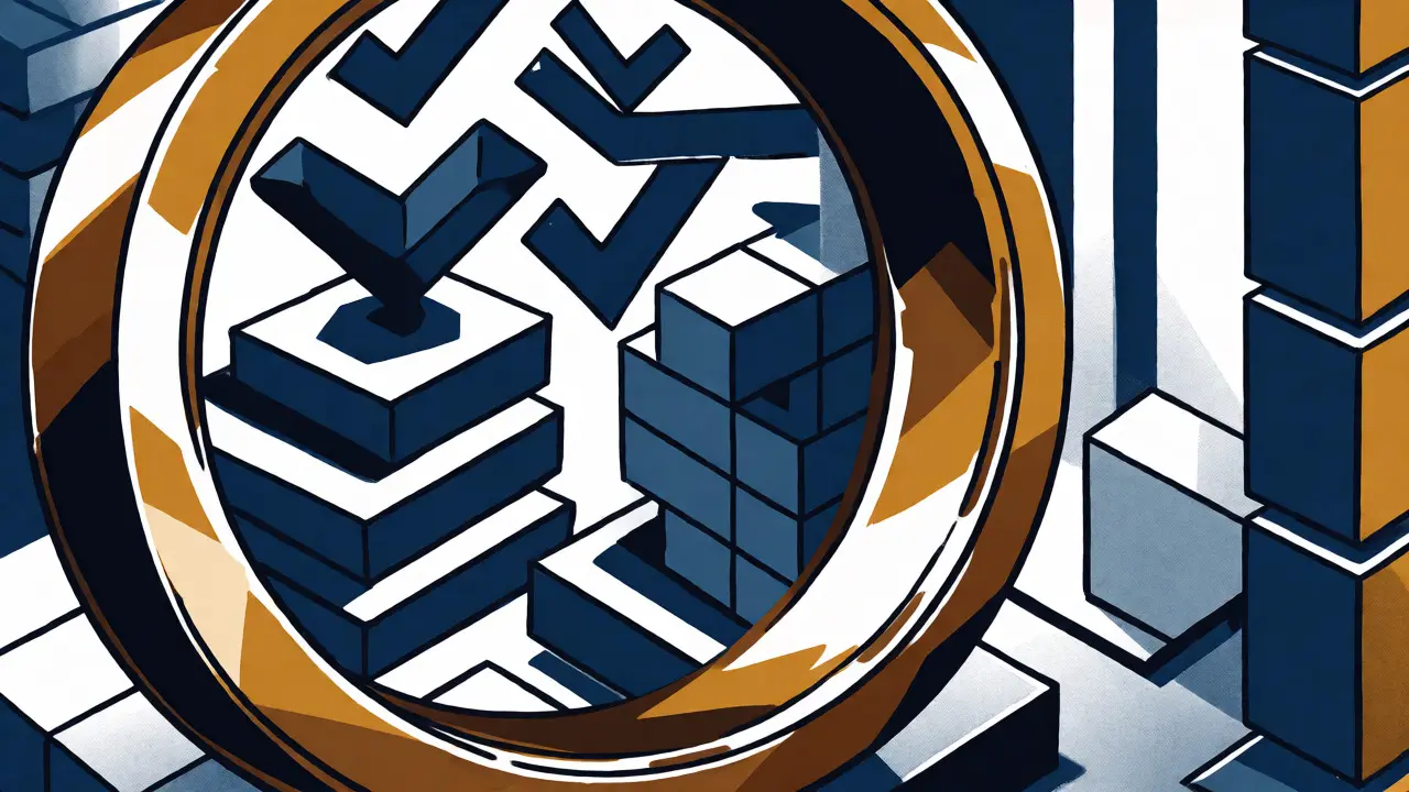 Illustration of a golden ring token surrounded by geometric staking and governance symbols