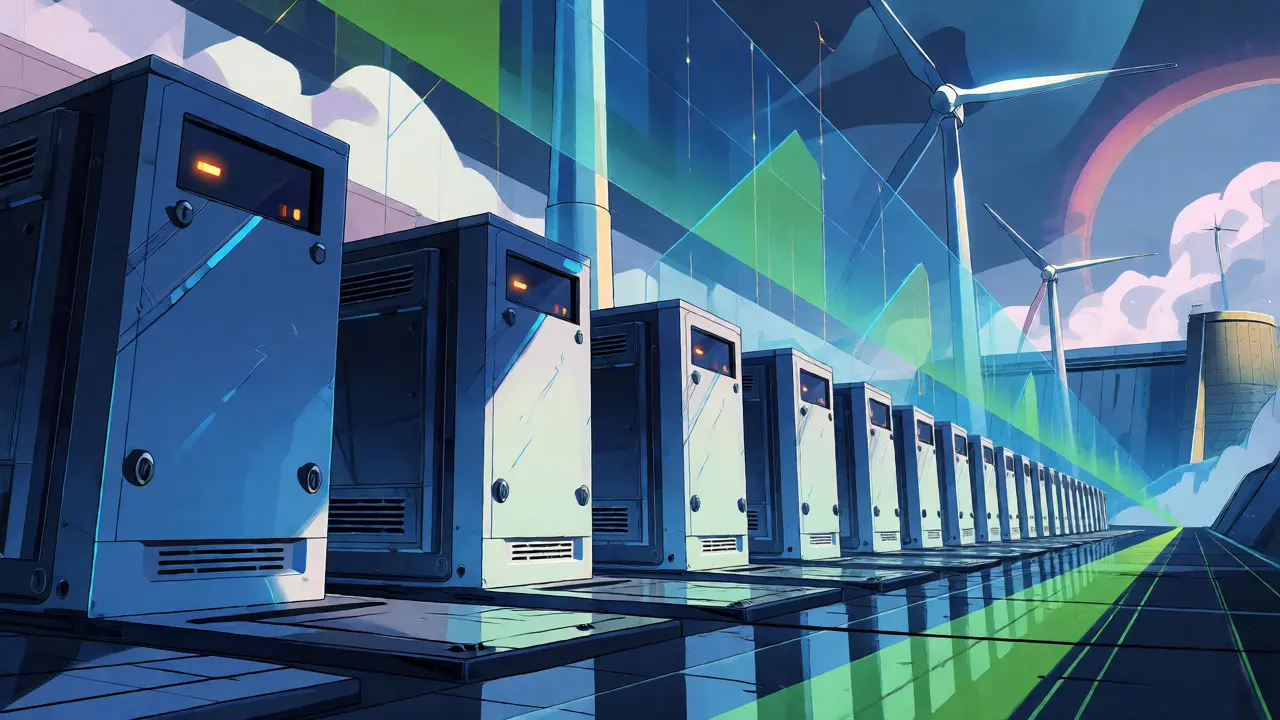 Industrial ASIC mining farm powered by renewable energy in constructivist style
