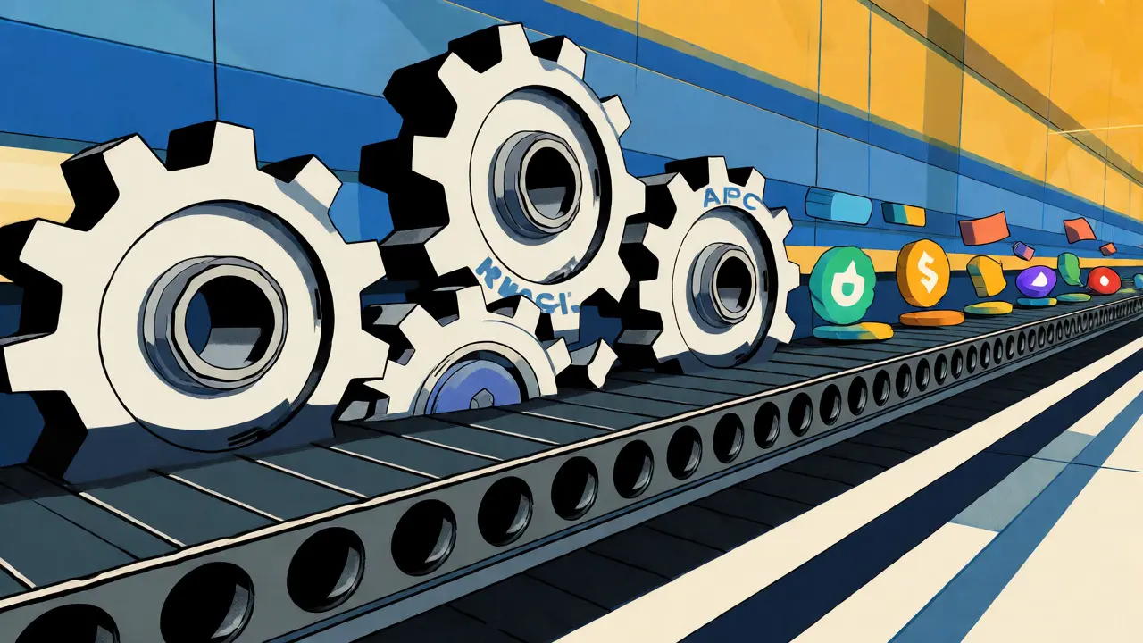 Interlocking gears driving a conveyor belt of transforming crypto tokens.
