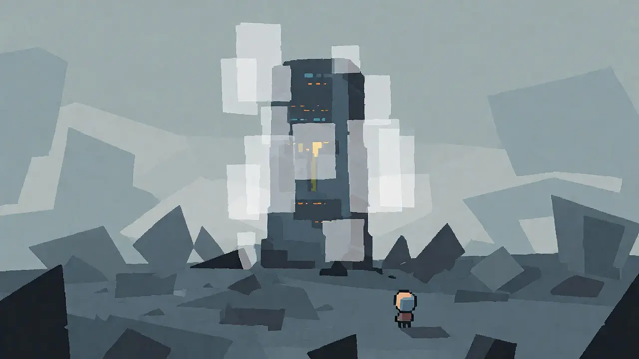 Isolated digital tower symbolizing PixelRealm's dormant status