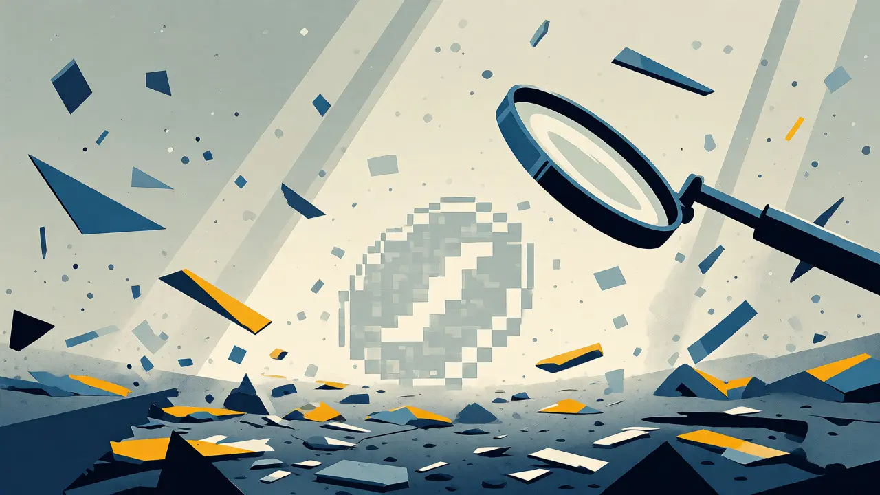 Magnifying glass over dusty floating geometric fragments and dissolving coin outline