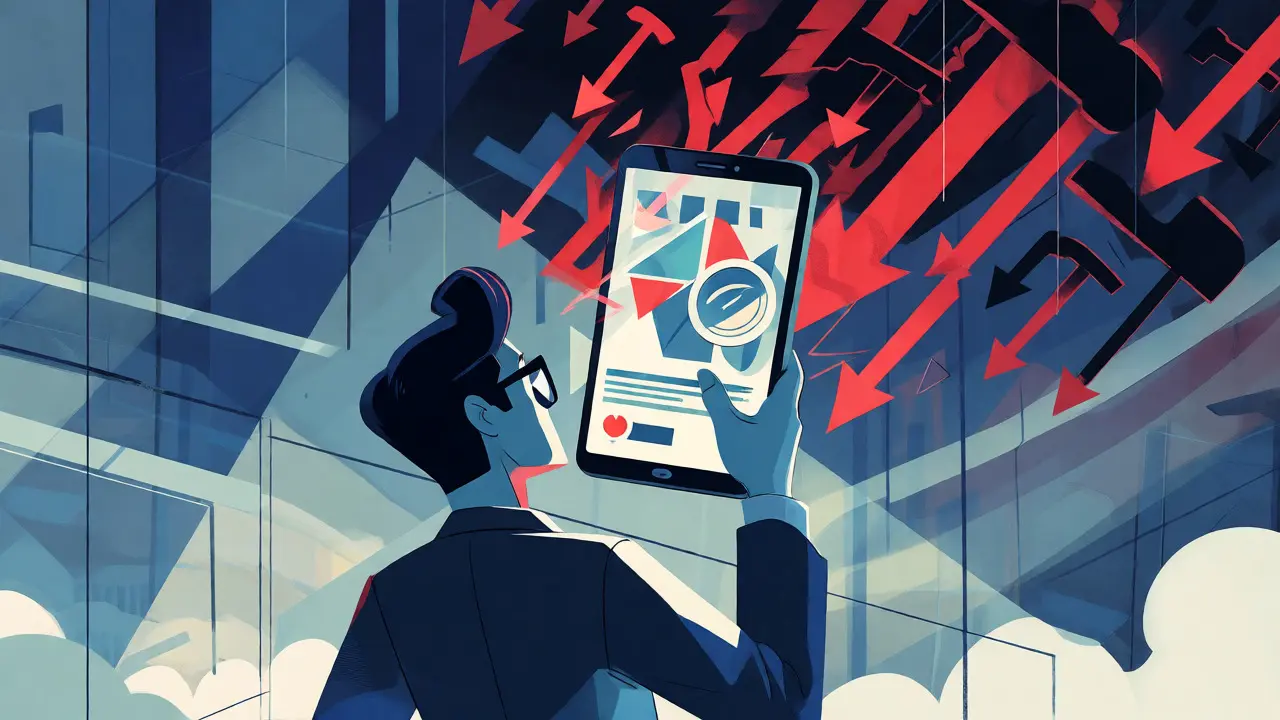 Marketer holding a phone under attack by abstract legal penalties in cartoon style