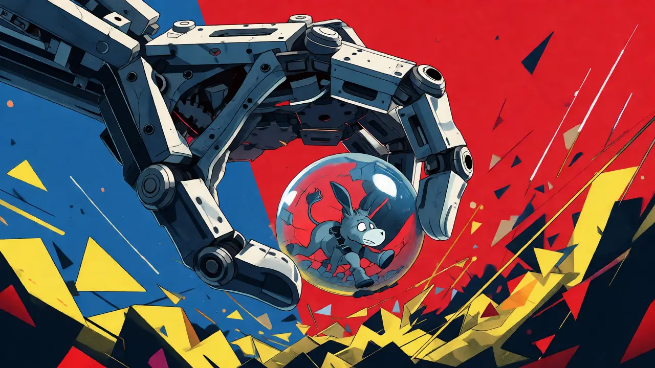 Mechanical hand holding a cracking sphere amidst chaotic phishing traps.