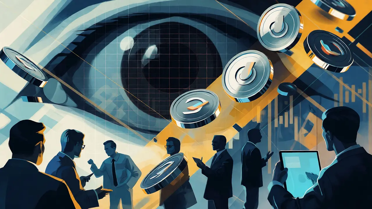 Private stablecoins rising amid surveillance themes in a geometric style
