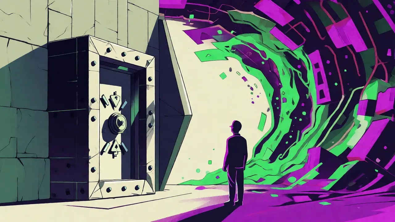 Silhouette choosing a secure vault over a chaotic hype vortex.