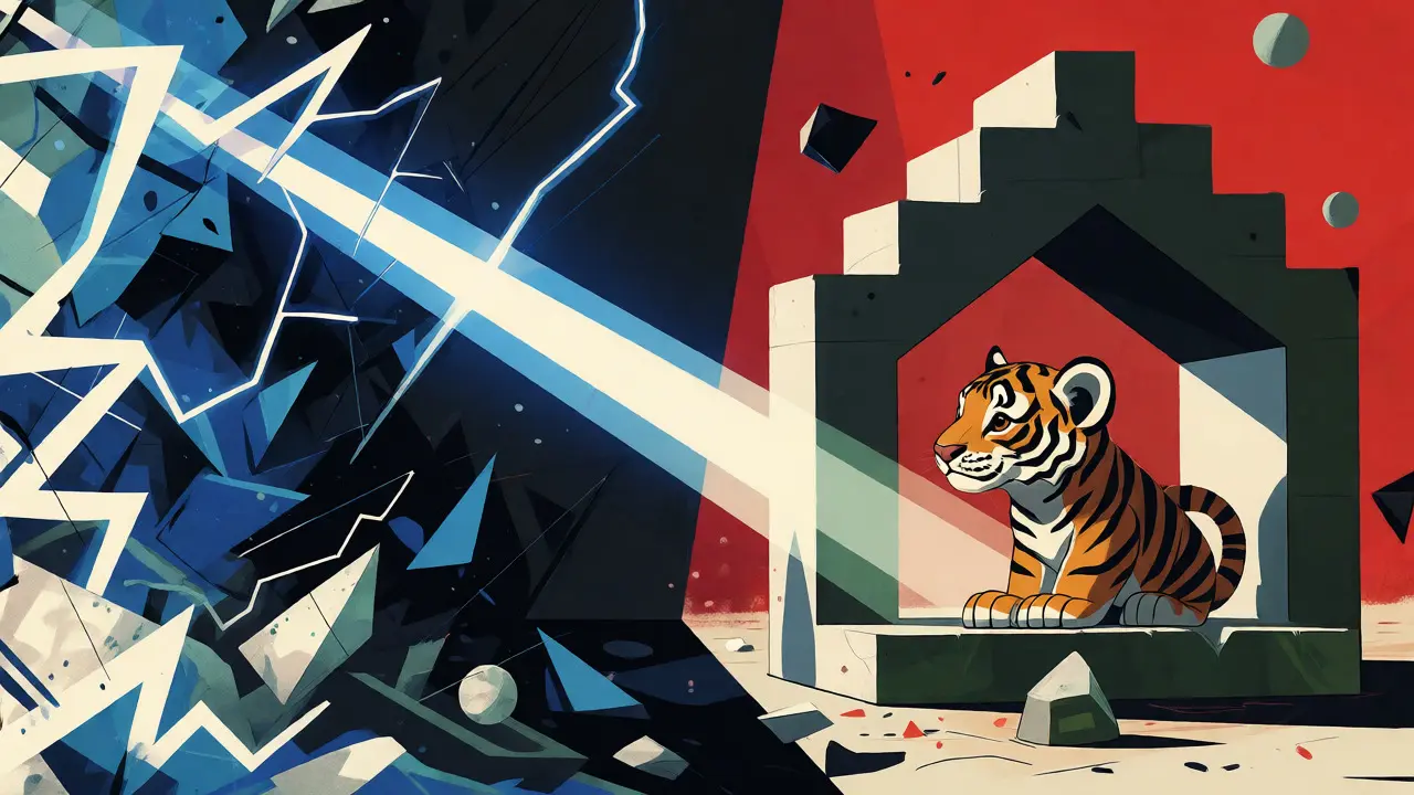 Split constructivist image contrasting volatile market shards with a stable tiger sanctuary.