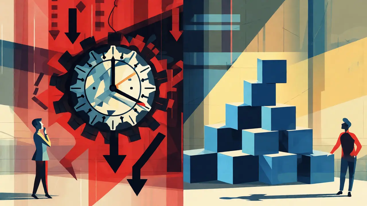 Split-screen graphic contrasting short-term crypto trading risks with long-term holding benefits.
