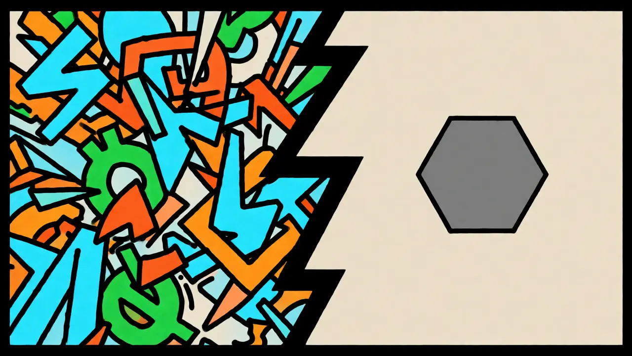 Split screen showing vibrant active crypto shapes versus a single static grey hexagon