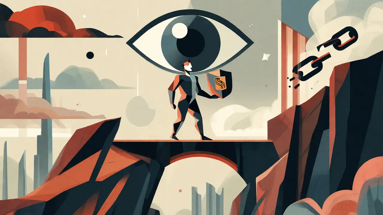 Stylized figure bridging two cliffs holding a wallet shield under a watchful eye.