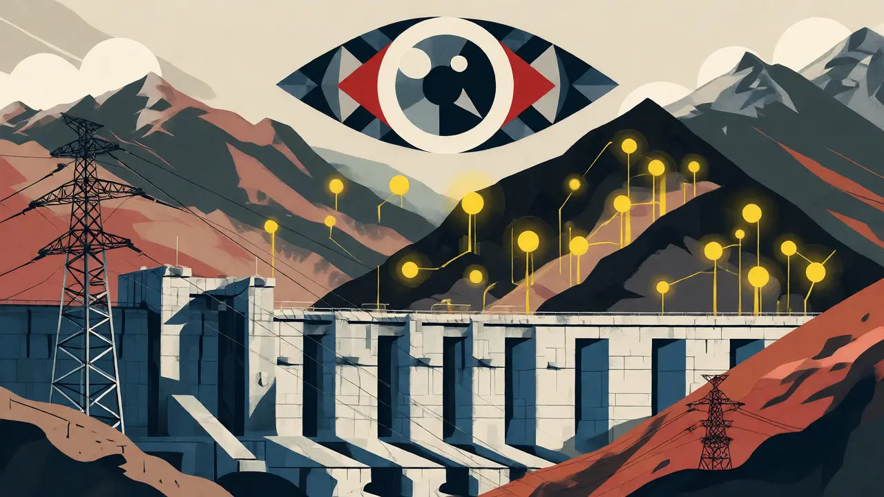 Stylized geometric art of hidden crypto mining under Nepali mountains