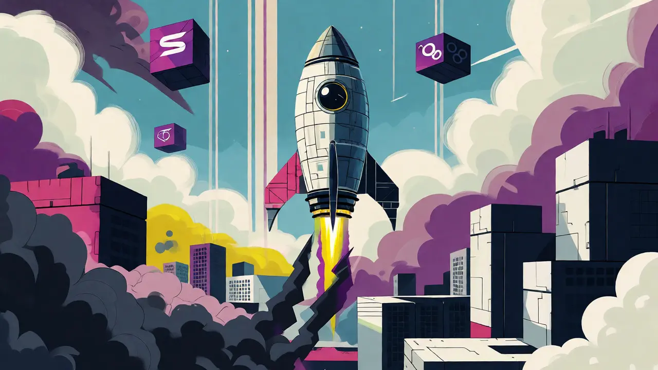 Stylized geometric rocket ascending past abstract city blocks symbolizing DeFi growth.