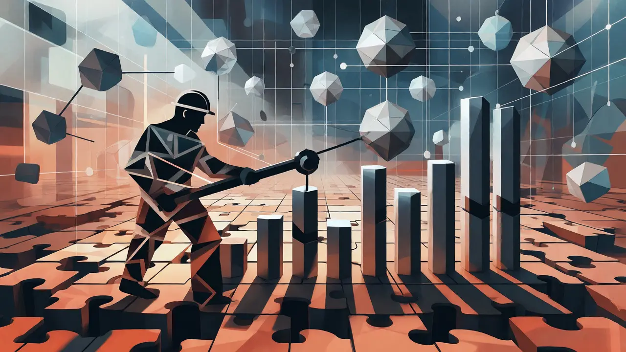 Stylized miner operating a lever amidst a grid landscape with AI node connections