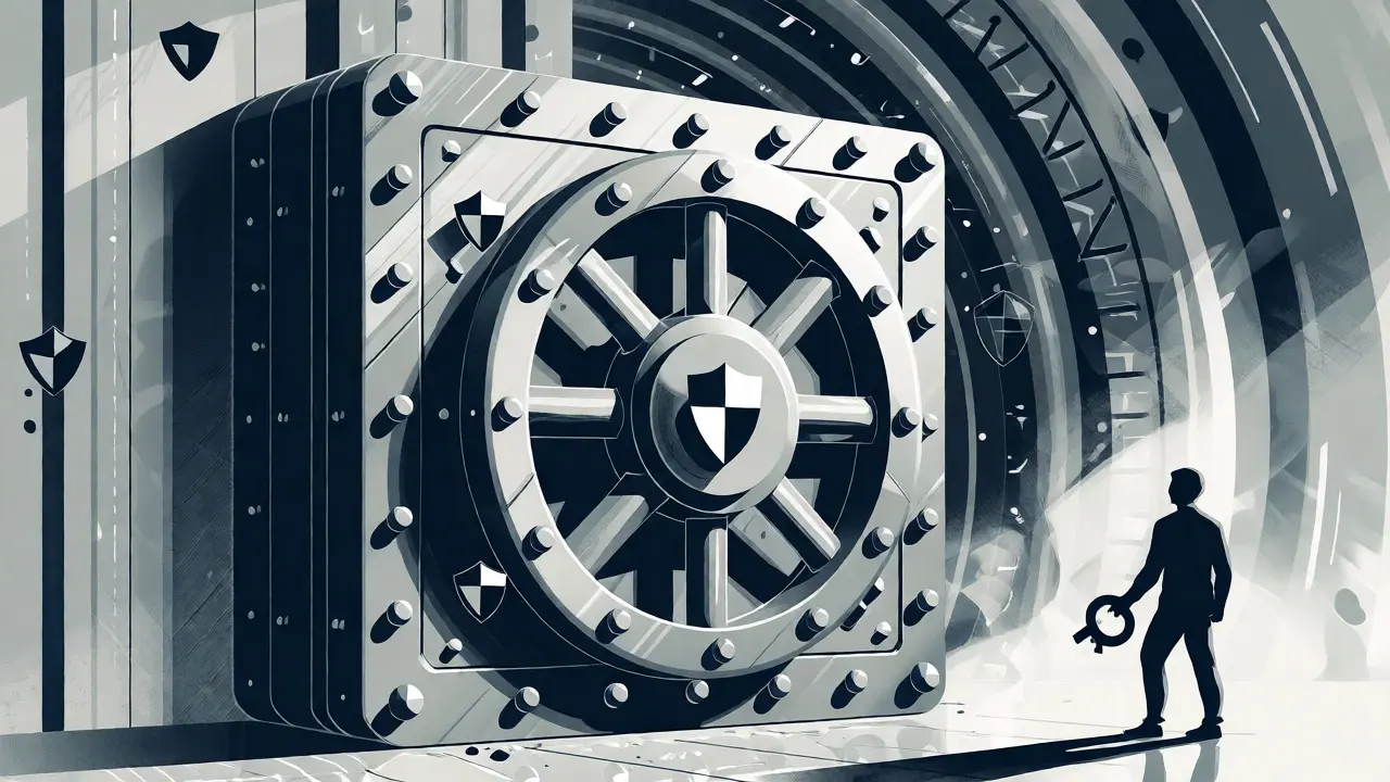 Stylized vault and shield imagery representing crypto security and user caution.