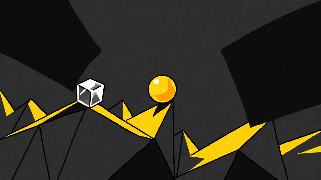 Symbolic artwork of a small token balancing on a jagged, risky landscape.