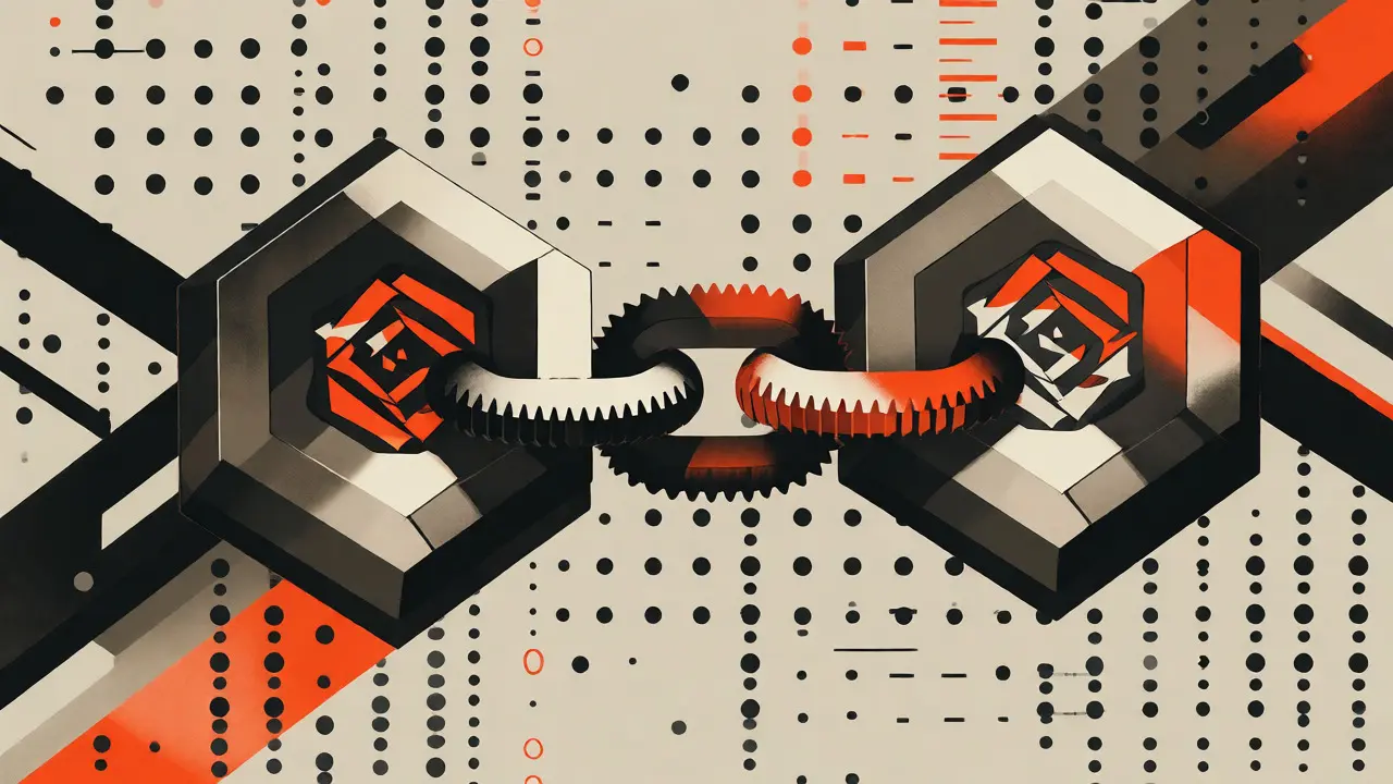 Two linked hexagonal blockchain blocks secured by mechanical gear chains