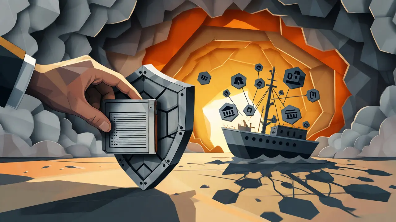 User securing crypto with hardware wallet against a backdrop of decentralized networks