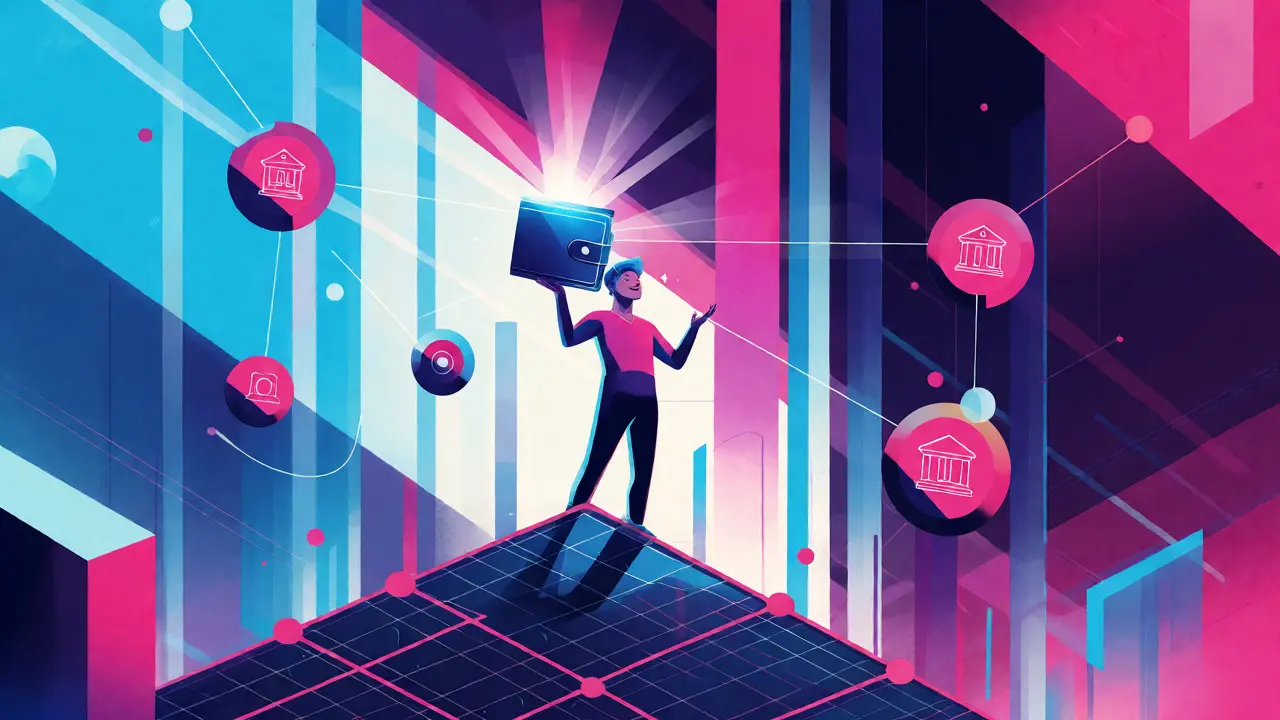 Vibrant illustration of a person controlling a digital wallet, connecting to various institutional icons via light beams.